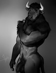 anthro balls beard biceps chest_tuft facial_hair flaccid fur genitals hair horn humanoid_genitalia humanoid_penis looking_at_viewer male muscular muscular_anthro muscular_male nude penis simple_background smile solo tuft bgn andreas_(apis_ger) bison bovid bovine mammal black_and_white hi_res monochrome