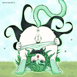 anthro black_bottomwear black_clothing black_skirt blue_sky bottomwear clothing female fur grass_field green_eyes green_hair hair magic panties paws public public_exposure public_nudity skirt sky solo tail underwear aketsu_sora_(artist) one-punch_man one_(manga) tatsumaki canid canine mammal hi_res