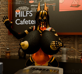 anthro big_breasts black_body breasts cafeteria female huge_breasts hyper hyper_breasts inside nipples piercing ring ring_piercing solo standing yellow_eyes yellow_nipples crimsomdark nyaasapphire_(modeler) raven_(nyaasapphire) canid canine canis mammal wolf 3d_(artwork) blender_(artwork) blender_cycles_(artwork) digital_media_(artwork)