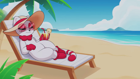 3_toes 4_fingers beach beach_chair beverage black_nose blinking chair closed_smile clothing day dipstick_tail eyelashes eyewear feet female fingers freckles fur furniture glasses hat headgear headwear holding_beverage holding_object looking_at_viewer lounging lying markings mouth_closed music neck_tuft on_chair outside palm_tree plant red_body red_eyewear red_fur red_glasses relaxed_expression relaxing round_glasses round_sunglasses sand sea semi-anthro sitting sitting_on_chair sky smile solo striped_markings striped_tail stripes sunglasses tail tail_markings toes tree tuft water wearing_glasses wearing_hat wearing_sunglasses white_body white_fur acstlu sound_warning junipurr domestic_cat felid feline felis mammal 16:9 2025 animated hi_res long_playtime sound webm widescreen