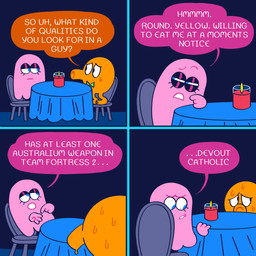 3_toes 4_fingers 4_panel_comic armless asking asking_another black_eyes blue_eyelids blue_eyes blue_line_art blue_tablecloth blue_wall bodily_fluids bow_tie candle chair date dialogue duo eye_contact eyebrows eyelashes feet female fingers fire furniture green_bow_tie half-closed_eyes inside interspecies light limbless lit_candle looking_at_another looking_away male male/female narrowed_eyes nervous nervous_sweat no_pupils noseless on_chair orange_body orange_skin pink_body pink_eyebrows pink_line_art question speech_bubble squint standing_on_chair sweat sweaty_body table tablecloth talking_to_another text thin_eyebrows toes wall_(structure) white_mouth tanookitalez pac-man_(series) q-bert pinky_(pac-man) q-bert_(character) ghost spirit waddling_head 1:1 2023 colored colored_line_art comic digital_media_(artwork) english_description english_text hi_res lighting