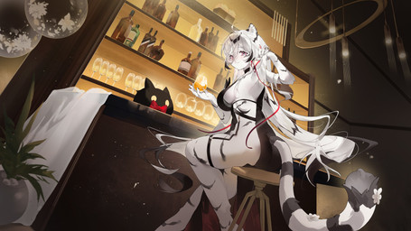 :3 ahoge alcohol_bottle anthro bar beverage_bottle big_breasts bottle breasts chandelier cocktail_dress container cup female flower_on_tail fur furniture hair holding_container holding_cup holding_object inside kemono long_hair pink_eyes plant plant_pot potted_plant rear_view side_boob sideless_dress sitting solo stool striped_body striped_fur striped_hair stripes tail thigh_strap turning_around white_body white_fur white_hair pkts1017 mahjong_soul hannah_(mahjong_soul) felid mammal pantherine tiger 16:9 absurd_res hi_res korean_description widescreen