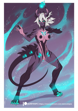 anthro black_nipples blonde_hair breasts claws female genitals glowing glowing_genitalia glowing_vulva green_eyes green_vulva hair horn navel nipples nude solo tail toe_claws vulva alanscampos unknown_species character_request hi_res