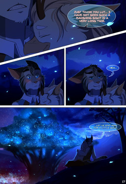 anthro beak blue_eyes clothed clothing duo female horn male night outside plant sky smile star starry_sky text tree skaydie petra_(rogue-numbers) avian domestic_cat felid feline felis hybrid mammal 2017 comic digital_media_(artwork) english_text hi_res source_request unavailable_at_source