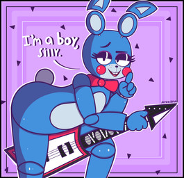 anthro bedroom_eyes bent_over black_eyes blue_body bow_tie buckteeth dialogue electric_guitar eyebrows femboy guitar holding_guitar holding_musical_instrument holding_object looking_at_viewer machine male musical_instrument narrowed_eyes nude open_mouth open_smile plucked_string_instrument raised_eyebrow seductive smile solo string_instrument teeth text conditional_dnp mykendyke five_nights_at_freddy's five_nights_at_freddy's_2 scottgames toy_bonnie_(fnaf) animatronic lagomorph leporid mammal rabbit robot 2020 absurd_res digital_media_(artwork) english_text hi_res