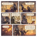 anthro beverage blacksmithing blush blush_lines clothing dialogue duo female fire inside male scar tattoo text saintmonstre blacksmith_dwarf_(saintmonstre) blacksmith_gnoll_(saintmonstre) dwarf gnoll humanoid hyena mammal 1:1 comic english_text hi_res