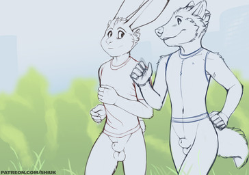 5_fingers animal_genitalia anthro arm_tuft athletic balls big_ears bottomless casual_exposure cheek_tuft clothed clothing duo exercise eyebrows facial_tuft fingers fluffy fluffy_tail front_view fully_sheathed fur genitals grass hair humanoid_hands jogging long_ears looking_aside looking_at_another male male/male navel outside penis plant pubic_mound sheath shirt short_hair shoulder_tuft sky slim smile snout social_nudity tail text tight_clothing topwear tuft white_balls white_body white_fur white_hair white_nose white_sheath shiuk patreon canid canine canis lagomorph leporid mammal rabbit wolf 2019 hi_res url