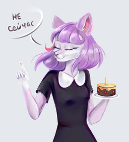 5_fingers anthro black_clothing black_dress breasts cake clothed clothing dessert dress eyes_closed female fingers food fur gesture gloves_(marking) hair hand_gesture holding_cake holding_food holding_object holding_plate markings multicolored_body multicolored_fur pawpads pink_pawpads plate pointing purple_body purple_fur purple_hair purple_nose simple_background smile solo text whiskers white_body white_fur skeverything vkontakte masyunya_(vkontakte) domestic_cat felid feline felis mammal 2022 russian_text translated
