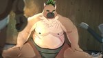 anthro asian_clothing belly brown_body brown_fur clothing east_asian_clothing flexible fur japanese_clothing male mawashi musclegut muscular navel nipples one_eye_closed pecs scar splits spread_legs spreading sumo sumo_wrestler wink kamakitoron lifewonders tokyo_afterschool_summoners yasuyori_(tas) canid canine canis domestic_dog mammal 16:9 hi_res widescreen