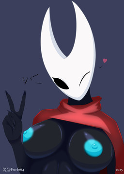 anthro big_breasts big_nipples blue_nipples breast_focus breasts cape cape_only cloak cloak_only clothing exposed_breasts female gesture hand_gesture happy heart_symbol looking_at_viewer mostly_nude nipples one_eye_closed pose puffy_nipples red_clothing simple_background solo standing text v_sign white_face wink winking_at_viewer furfe hollow_knight_(franchise) team_cherry hornet_(hollow_knight) arthropod humanoid insect 2025 absurd_res bust_portrait hi_res japanese_text pinup portrait