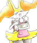 ambiguous_gender anthro apron apron_only blush blush_lines bowl clothing container cooking eyes_closed featureless_crotch fur happy inner_ear_fluff open_mouth orange_body orange_fur simple_background solo stick tongue tuft white_body white_fur yellow_body yellow_fur eiroru nintendo pokemon braixen canid canine generation_6_pokemon mammal pokemon_(species) 2025 graphite_(artwork) hi_res traditional_media_(artwork)