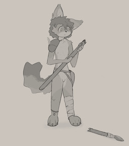 anthro areola arm_tuft armor bag bandage breasts broken_weapon casual_nudity cheek_tuft chest_tuft claws ear_tuft facial_tuft female frown fur genitals hair holding_object holding_weapon inner_ear_fluff jewelry leather looking_at_object loose_feather melee_weapon mostly_nude multicolored_body multicolored_fur navel nipples paws polearm shoulder_guards shoulder_tuft simple_background small_breasts solo spear standing tail tribal tribal_jewelry tuft unconvincing_armor vulva weapon sierra-owo canid canine fox grey_fox mammal urocyon 2026 absurd_res digital_media_(artwork) hi_res monochrome sketch