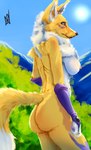 armor big_breasts breasts clothing erect_nipples female fur gauntlets gloves handwear looking_aside nipples raised_tail side_view solo tail yellow_body yellow_fur nahadon bandai_namco digimon canid canine digimon_(species) fox mammal renamon