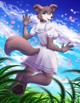 2020 4_toes 5_fingers absurd_res anthro barefoot beastars biped black_pawpads blue_eyes butt butt_pose canid canine canis clothed clothing cloud digital_media_(artwork) dress feet female fingers hi_res juno_(beastars) ketty looking_back mammal open_mouth open_smile pawpads pose rear_view sky smile soles solo text toes url wolf