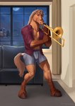 absurd_res anthro brass_instrument equid equine hi_res hooves horse male mammal musical_instrument pecs playing_music satanic_monkey solo tail trombone wind_instrument