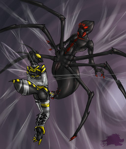 anthro arms_tied arthropod_webbing bodily_fluids bound claws duo erection female genitals hands_behind_back legs_tied looking_at_another male male/female penetration penile penile_penetration penis penis_in_vagina red_eyes sex spider_web stinger striped_body stripes suspension vaginal vaginal_penetration web_bondage yellow_eyes deezmo arachnid arthropod hymenopteran insect spider wasp 2013 hi_res