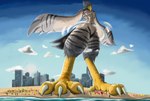 3_talons anthro beach beak building city claws cloud extreme_size_difference feathers featureless_crotch feet grey_body grey_feathers low-angle_view macro male nude seaside size_difference sky skyscraper solo talons toes winged_arms wings yellow_talons rookienik avian absurd_res digital_media_(artwork) hi_res huge_filesize