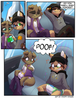 age_regression anthro blue_eyes brown_body brown_fur car car_interior clean_diaper clothing commercial_vehicle dialogue diaper duo emanata exposed_diaper fur green_eyes heterochromia inside inside_car inside_vehicle magic male neonate poof sitting sudden surprised tail tan_body tan_fur taxicab text vehicle whiskers young young_anthro young_male poofy-shark mammal mustelid musteline procyonid raccoon true_musteline weasel comic english_text hi_res