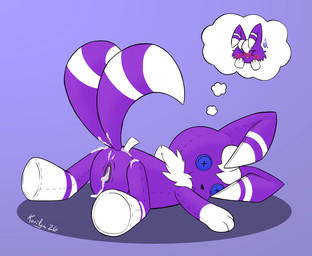 after_sex after_transformation blue_eyes bodily_fluids butt button_(fastener) button_eyes cum genital_fluids gradient_background inanimate_transformation plushie plushie_transformation plushophilia presenting presenting_hindquarters purple_body simple_background solo transformation kerilyn nintendo pokemon felid feline generation_6_pokemon mammal meowstic pokemon_(species) hi_res