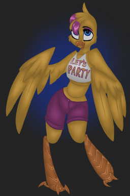 2_toes anthro beak blonde_hair blue_eyes bottomwear clothing eyelashes feathered_wings feathers feet female hair highlights_(coloring) looking_up machine orange_body pink_hair shirt shorts solo standing toes topwear wings yellow_body yellow_feathers the-purple-gremlin five_nights_at_freddy's five_nights_at_freddy's_2 scottgames toy_chica_(fnaf) animatronic avian bird chicken galliform phasianid robot 2015 2:3 absurd_res hi_res