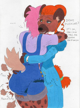 anthro bodily_fluids clothed clothing diaper diaper_under_clothing duo fart feces female fur genital_fluids hair onomatopoeia pooping soiled_diaper soiling soiling_diaper sound_effects text unclean_diaper urine used_diaper using_diaper wearing_diaper wet_diaper wetting wetting_diaper tishitathebaby hyena mammal english_text hi_res traditional_media_(artwork)