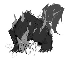 bestiality breasts duo female feral it'll_never_fit larger_male male male/female nude sex simple_background size_difference white_background averysweatyboy irena_(averysweatyboy) demon elf humanoid hi_res monochrome