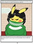 absurd_res anthro carpet clothing dialogue english_text female first_person_view generation_1_pokemon hair hi_res ms._aeris_nester_(rodent_powered) narration nintendo pikachu pokemon pokemon_(species) pokemon_mystery_dungeon rodent_powered_(softestpuffss) softestpuffss solo speech_bubble spike_chunsoft stone_wall text wall_(structure)