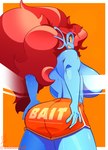 big_breasts blue_body blue_skin bottomwear breasts butt butt_grab clothing convenient_censorship ear_fins female fin hair hand_on_butt looking_back presenting presenting_hindquarters red_hair sharp_teeth shorts smile solo teeth yellow_sclera shoolmail undertale undertale_(series) undyne animal_humanoid fish fish_humanoid humanoid marine marine_humanoid absurd_res hi_res