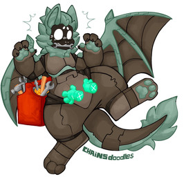 4_fingers anthro brown_body claws disembodied_hand duo embarrassed fingers green_pawpads hair hand_on_belly male object_in_mouth pawpads short_hair simple_background tail tail_tuft tuft white_background wings chainsdoodles robot_anthro 2026 colored digital_drawing_(artwork) digital_media_(artwork) hi_res shaded