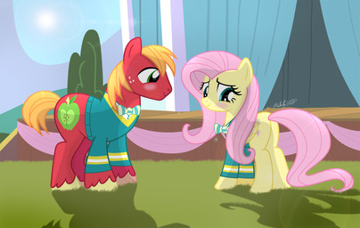 blonde_hair blue_eyes blush bow_(feature) bow_tie clothed clothing cutie_mark duo feathered_wings feathers female feral freckles grass green_eyes hair landscape male outside pink_hair plant shadow sky sun sweater topwear wings yellow_body yellow_feathers shutterflyeqd friendship_is_magic hasbro my_little_pony mythology big_macintosh_(mlp) fluttershy_(mlp) earth_pony equid equine horse mammal mythological_creature mythological_equine pegasus pony 2016 hi_res