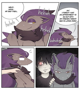 anthro black_body black_fur black_hair bodily_fluids breasts clothed clothing dialogue duo featureless_breasts female female_anthro fingers front_view fur grey_body grey_fur hair male male_human multicolored_body multicolored_fur pupils purple_body purple_fur red_eyes side_view smile sweat text yellow_eyes svkhaiminh nintendo pokemon swat generation_5_pokemon human mammal pokemon_(species) shiny_pokemon zoroark comic english_text hi_res