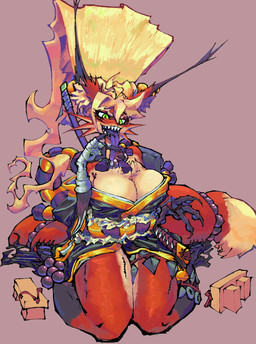 arm_wraps asian_clothing big_breasts blonde_hair bodily_fluids breasts claws clothing dipstick_tail drooling east_asian_clothing female footwear fur geta green_eyes hair inner_ear_fluff japanese_clothing kimono kneeling kunai long_tongue markings melee_weapon paws ponytail purple_tongue red_body red_fur saliva sheathed_sword sheathed_weapon simple_background smile solo sword sword_on_back tail tail_markings tongue tongue_out tuft weapon weapon_on_back wraps ski_(artist) canid canine fox mammal 2023 digital_drawing_(artwork) digital_media_(artwork) hi_res