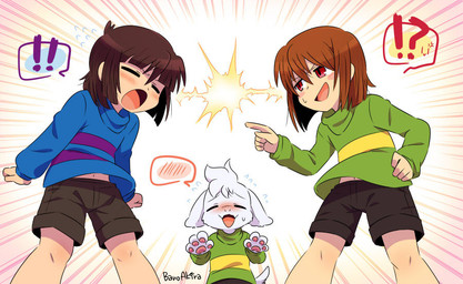 5_fingers abstract_background ambiguous_gender anthro black_bottomwear black_clothing black_shorts blue_clothing blue_shirt blue_sweater blue_topwear blush bodily_fluids bottomwear clothed clothing cross-popping_vein fingers fully_clothed fur green_clothing green_shirt green_sweater green_topwear group kemono long_ears male navel pattern_clothing pattern_sweater pattern_topwear pawpads pink_pawpads shirt shorts striped_clothing striped_sweater striped_topwear stripes sweat sweatdrop sweater topwear white_body white_fur young young_ambiguous young_anthro young_human young_male kano_makoto undertale undertale_(series) asriel_dreemurr chara_(undertale) frisk_(undertale) boss_monster_(undertale) bovid caprine human mammal 2017