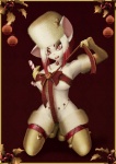 anthro candy candy_cane clothed clothing dessert female food fur gloves hair handwear holidays holly_(plant) kneeling legwear pattern_background plant red_background red_eyes simple_background skimpy solo stockings white_body white_fur white_hair coffinberry christmas eve_(coffinberry) mammal mouse murid murine rodent