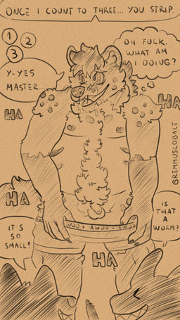 anthro balls bodily_fluids body_hair clothing drooling embarrassed exhibitionism exposed genitals group happy_trail humiliation hypnosis male male/male micropenis mind_control nipples nude open_mouth open_smile penis penis_humiliation pubes ringed_eyes saliva small_penis small_penis_humiliation smile solo_focus submissive submissive_male text underwear remmus_cobalt hyena mammal 4k 9:16 absurd_res comic english_text hi_res