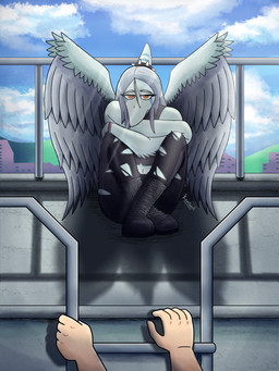 ambiguous_gender anthro black_bottomwear black_clothing black_crop_top black_pants black_shirt black_topwear blue_body bone_frill bottomwear bracelet clothed clothed_anthro clothed_female clothing cloud collar crop_top crossed_arms day duo elbow_feathers feathered_wings feathers female female_focus fingers frill_(anatomy) front_view frown grey_body grey_feathers grey_hair hair half-closed_eyes humanoid_hands jewelry ladder long_hair looking_at_viewer markings mostly_offscreen_human narrowed_eyes orange_eyes outside pants rooftop sad shadow shirt solo_focus spiked_collar spikes striped_markings stripes topwear torn_bottomwear torn_clothing torn_pants wings rsbr cavemanon_studios goodbye_volcano_high ko_op_(game_developer) snoot_game anon_(snoot_game) fang_(gvh) human mammal prehistoric_species pterosaur reptile scalie absurd_res colored hi_res shaded male_(lore)