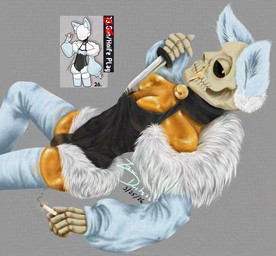 ambiguous_gender bell bell_collar bodysuit bone breasts bulge cigarette_in_hand clothing collar cut_clothes ectobody exposed_breasts fake_ears fur_trim_(clothing) gold_(metal) gold_tooth knife leggings legwear male orange_body orange_eyes sharp_tooth skeleton skinsuit solo text tight_clothing zeryxis undertale undertale_(series) papyrus_(undertale) humanoid monster 2026 dated english_text