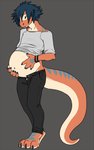 anthro belly bushy_hair clothed clothing clothing_lift hand_on_belly inflation long_tail looking_down male navel orange_body pregnant pregnant_anthro pregnant_male shirt shirt_lift solo tail topwear unzipped unzipped_pants zipper the-narutoshi lizard reptile scalie 5:8 hi_res