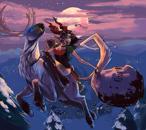 ambiguous_gender anthro antlers bag bell big_breasts blood blue_eyes bodily_fluids breasts brown_hair city cleavage clothed clothing cloud cloven_hooves duo ear_piercing eating eye_mist fangs female feral flying glowing glowing_eyes green_eyes grey_hooves hair holidays hooves horn legwear male moon night outside piercing riding silhouette straddling tattoo teeth text grungecandy christmas krampus santa_claus bovid caprine caprine_demon deer demon felid goat goat_demon mammal new_world_deer reindeer satyr digital_media_(artwork) german_text translated