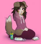 2017 anthro australian_shepherd beverage biped brown_hair canid canine canis clothed clothing cookie domestic_dog female food hair heart_symbol herding_dog hi_res hoodie kneeling legwear looking_at_viewer mammal nana_(fadey) nayel-ie pastoral_dog pink_eyes sandwich_(food) sheepdog simple_background smile solo submarine_sandwich subway_(restaurant) tail tail_motion tailwag topwear