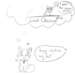 ambiguous_feral ambiguous_gender blush buckteeth collar dialogue eyes_closed feral front_view fur hair happy hooves memory mouth_closed offscreen_character sitting smile solo speech_bubble tail teeth text thought_bubble young young_ambiguous young_feral lemoncurds fluffy_pony fluffy_pony_(species) mammal 1:1 2021 digital_media_(artwork) english_description english_text hi_res monochrome sketch