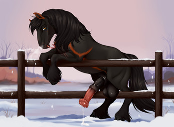 amber_eyes animal_genitalia animal_penis balls bedroom_eyes black_body black_fur bodily_fluids candy candy_cane dessert equine_genitalia equine_penis erection fence feral food fur genital_fluids genitals grey_body grey_fur leaking_precum male narrowed_eyes orange_body orange_fur outside penis precum seductive snow solo tail velvet_requiem kael_(beleynn) equid equine horse mammal 2026 absurd_res digital_media_(artwork) hi_res