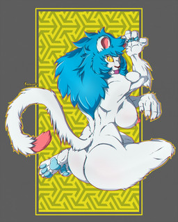 4_toes anthro areola big_breasts big_butt blue_hair breasts butt claws feet female fur hair nails nipples pawpads paws sitting solo tail toes tongue tongue_out white_body white_fur yellow_eyes kanogetz felid lion mammal pantherine hi_res