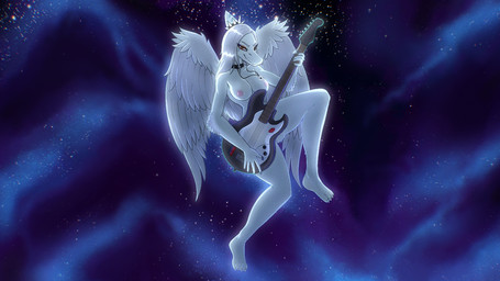 abstract_background anthro areola bedroom_eyes big_breasts blue_body bone_frill breasts choker convenient_censorship elbow_feathers electric_guitar feathered_wings feathers feet female fingers frill_(anatomy) front_view grey_body grey_feathers grey_hair guitar hair half-closed_eyes holding_guitar holding_musical_instrument holding_object humanoid_feet humanoid_hands jewelry long_hair looking_at_viewer markings musical_instrument narrowed_eyes necklace nipples non-mammal_breasts non-mammal_nipples nude nude_anthro nude_female orange_eyes pink_areola pink_nipples plantigrade plucked_string_instrument pose seductive smile smirk solo star string_instrument striped_markings stripes toes wings unknown_artist goodbye_volcano_high ko_op_(game_developer) fang_(gvh) prehistoric_species pterosaur reptile scalie colored hi_res pinup shaded