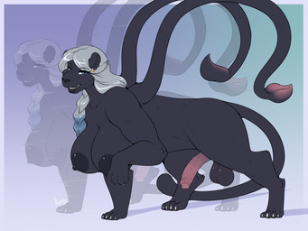 balls big_breasts black_body black_fur braided_hair breasts busty_feral claws ear_piercing ear_ring feral fur genitals grey_hair gynomorph gynomorph_feral hair humanoid_genitalia humanoid_genitalia_on_feral humanoid_penis humanoid_penis_on_feral intersex intersex_feral looking_at_viewer nipples penis piercing ring_piercing simple_background smile solo tail tentacles nightfaux dungeons_and_dragons hasbro wizards_of_the_coast desiree_(nwazet) displacer_beast felid mammal 2023 digital_media_(artwork) hi_res