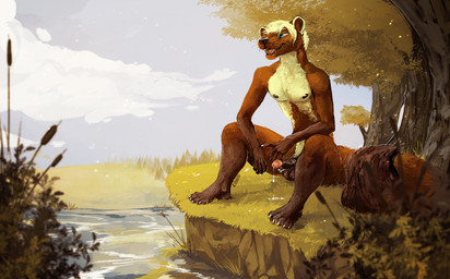 anthro balls barbell_piercing blue_eyes bodily_fluids brown_body brown_fur brown_penis cloud cum cum_on_ground cum_on_penis cum_string detailed_background erection fur genital_fluids genitals grass hair humanoid_genitalia humanoid_penis male male_anthro nipples nude nude_anthro nude_male open_mouth open_smile outside penis piercing pink_penis plant sitting smile solo tail tan_body tan_fur tan_hair teeth tongue tree water whisker_spots whiskers i-psilone carter_reise gulonine mammal marten mustelid musteline pine_marten 2021 hi_res