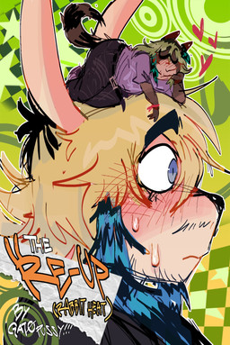 anthro blonde_hair blush bodily_fluids bottomwear brown_body brown_fur clothing denim denim_bottomwear denim_clothing duo eyes_closed fur green_hair hair jeans male markings multicolored_body multicolored_fur pants raccoon_tail_hair slightly_chubby slightly_chubby_anthro slightly_chubby_male striped_markings striped_tail stripes stubble sweat sweatdrop tail tail_markings tan_body tan_fur text two_tone_body two_tone_fur wide_eyed gat0pussy24 demi_(gat0pussy24) lake_(gat0pussy24) lagomorph leporid mammal procyonid rabbit raccoon cover cover_art cover_page english_text hi_res nonbinary_(lore)