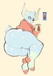 aardman_animations ambiguous_gender anthro big_butt blue_body blue_fur bottomless butt clothed clothing empty_eyes footwear fur gromit_mug hi_res horn huge_butt mug small_tail socks solo sweater tail thick_thighs topwear undertale_(series) undertale_yellow unknown_artist unknown_species wallace_and_gromit