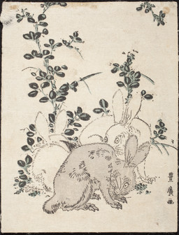 ambiguous_feral ambiguous_gender cjk_character feral fur grey_body grey_fur group leaf long_ears plant print_(medium) quadruped scut_tail short_tail simple_background tail text trio whiskers white_body white_fur wide_eyed woodcut utagawa_toyohiro public_domain lagomorph leporid mammal rabbit 1794 18th_century absurd_res ancient_art hi_res japanese_text traditional_media_(artwork) translation_request
