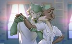 anthro blush claws clothing curtains detailed_background dress duo eyes_closed female half-closed_eyes ladder male male/female narrowed_eyes shirt topwear white_clothing window miles_df beastars juno_(beastars) legoshi_(beastars) canid canine canis mammal wolf 2020